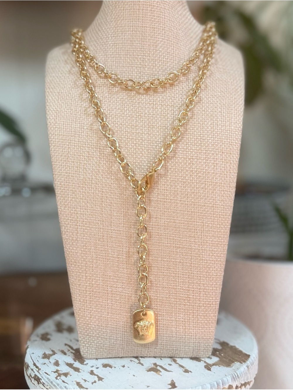 Upcycled Medusa on Long 18k Gold Plated Adjustable Chain